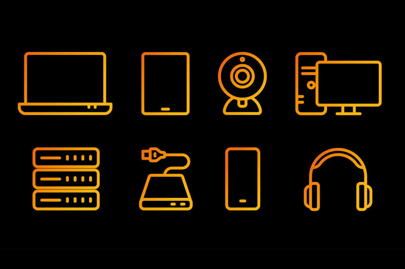 black and orange image with icons of technology items