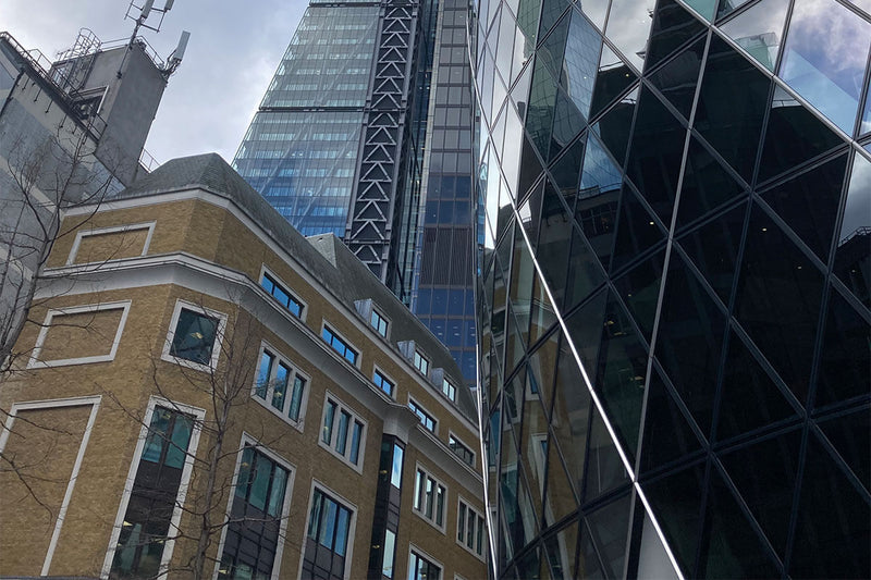 View of glass and brick buildings in London